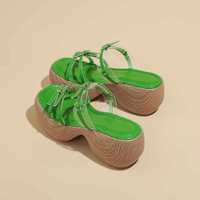 

Thick-soled heightening Roman sandals for women s new summer outer wear, one-word with wedged muffin, one-pedal retro cool slippers 35 зелёный