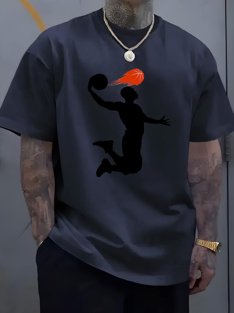 Unisex O Neck Tee Dunk Basketball Player Silhouette Print Cotton Short Sleeve Loose Summer Breathable Daily Casual Basic Wear Top