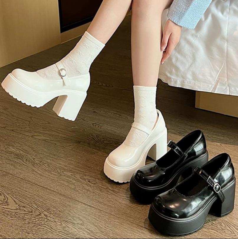 Luxury Chunky Pumps Women Single Shoe 2025 Autumn Pu Leather Ankle Buckle Mary Jane Shoes Woman Thick Heeled White Lolita Shoes