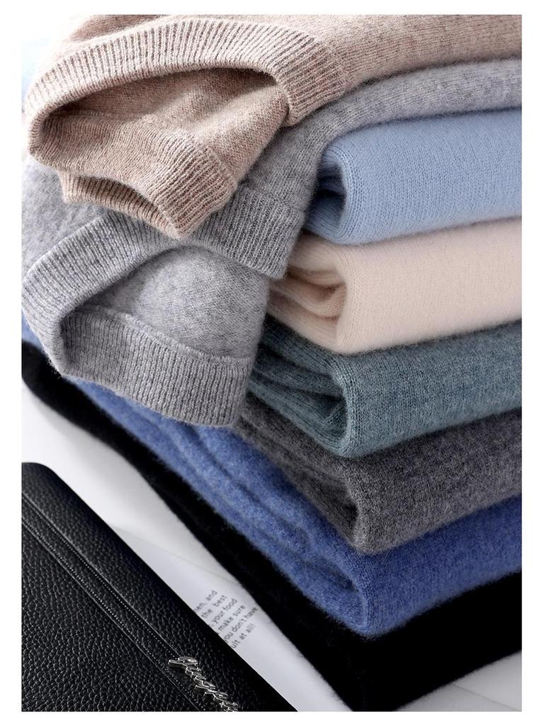 Men's 100% Pure Wool Crew Neck Sweater - Medium Thickness, Solid Color Knitwear for Autumn and Winter Warmth