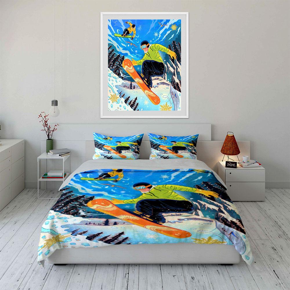 Snowboarding Gear Set Outdoor Sports Soft Comfortable Duvet Cover Bedding Set Included 1*Duvet Cover & 2*Pillowcases, Gift