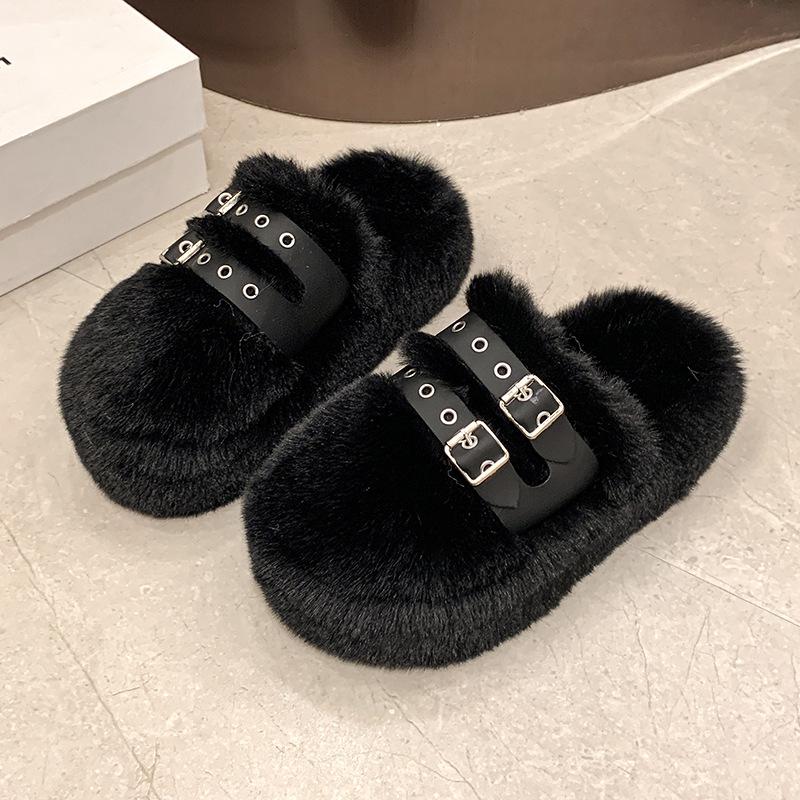 Small thick-soled fluffy slippers for women to wear 2025 autumn and winter new Internet celebrity explosion heightening belt buckle cotton slippers