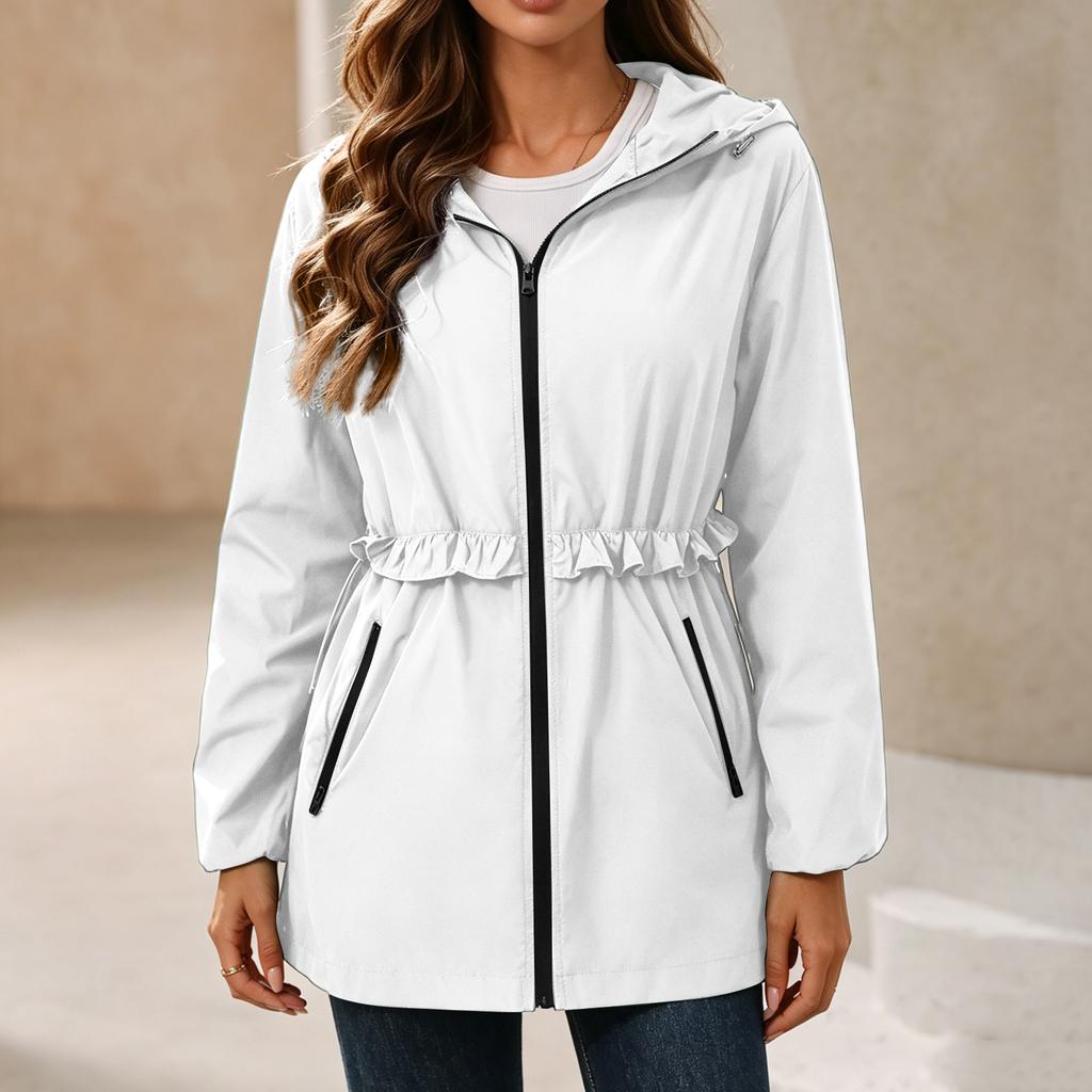 Wasserdichte Regenjacke für Damen mit Kapuze, Windjacke, Leichte, Wasserabweisende Jacke mit Taschen, Verstellbare Taille für Outdoor-Aktivitäten