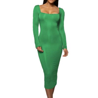 Women Dress Square Neck Slim Fit Skinny Elastic Solid Color Long Sleeve Soft Breathable Sheath Mid-calf Length Prom Party Midi Dress