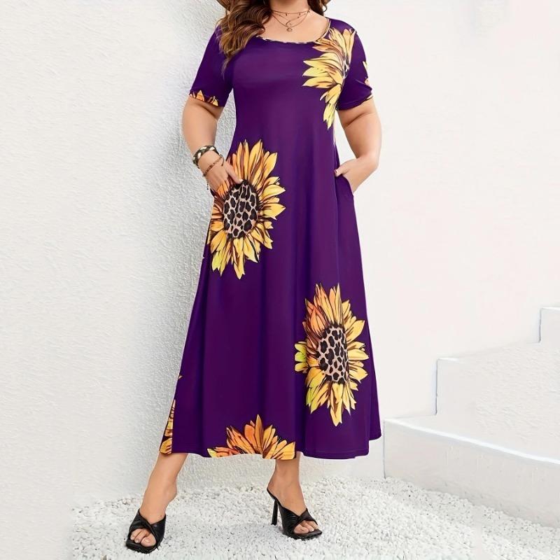 Dress Sunflower Printed Loose Long Short Sleeve Summer Dresses