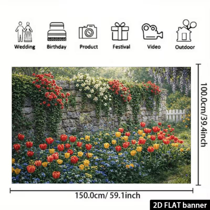 2D Lente Bloementuin Achtergrond, Rustieke Stenen Muur Tulp Foto Banner Decor