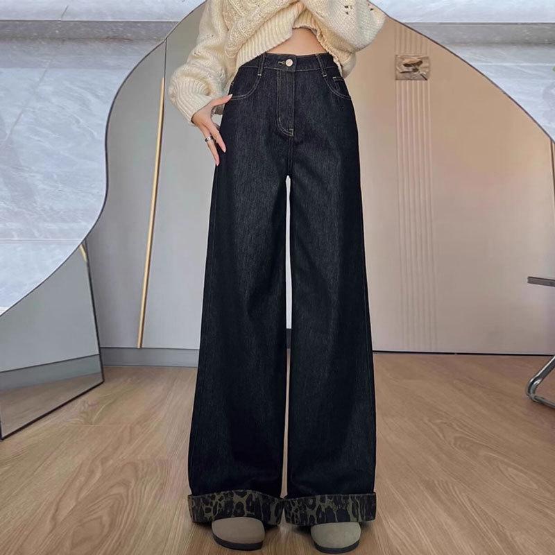 Leopard Print Patchwork High-Waist Plus Size Wide Leg Jeans for Pear-Shaped Figures 3XL