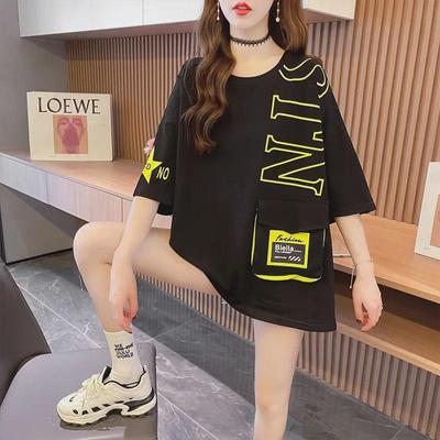 2023 Summer Korean Patchwork Pocket Letter Print Loose Short-Sleeve T-shirt for Women