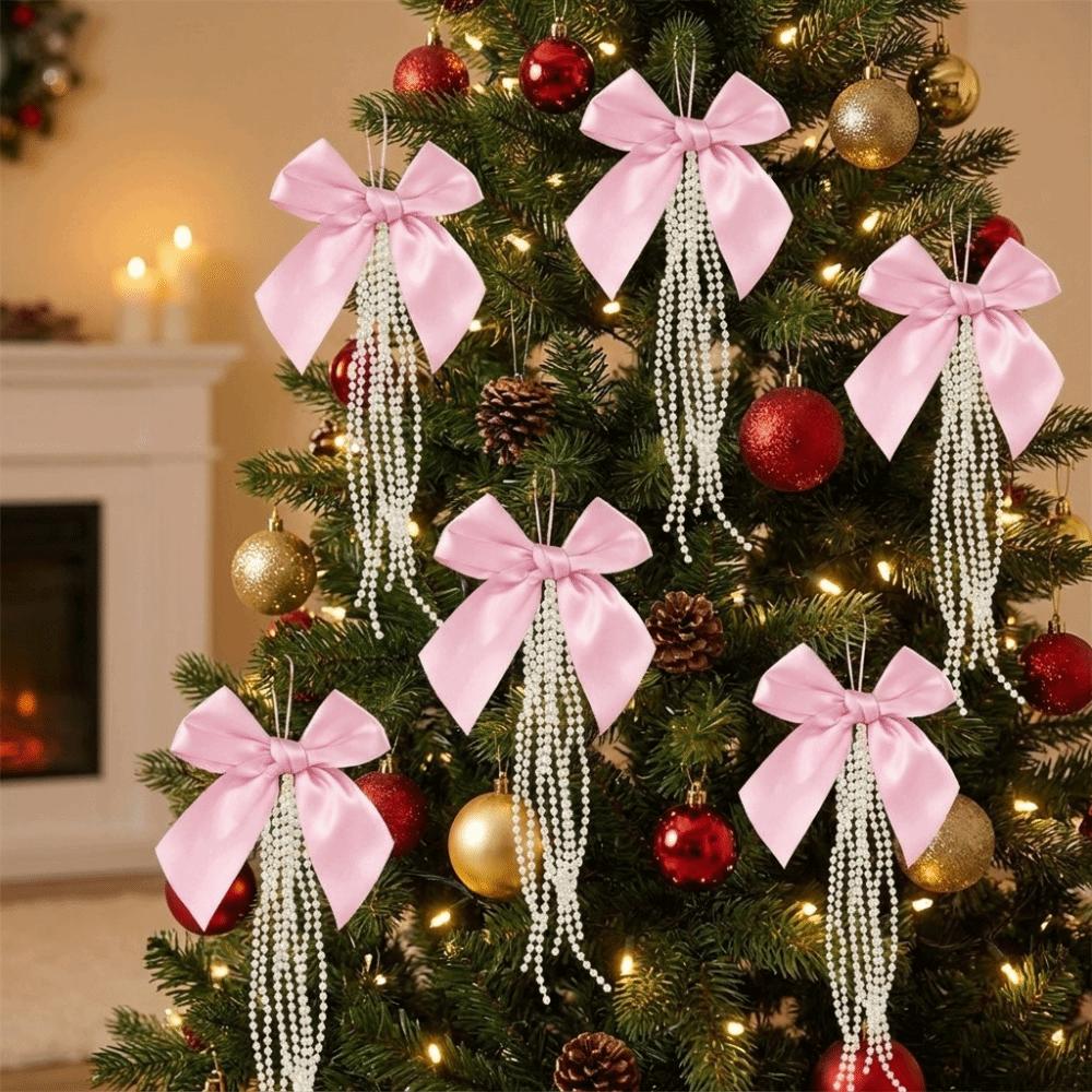 DIY Bowknot Pearl Hanging Pendant Ribbon Christmas Tree Topper  New Year Gift