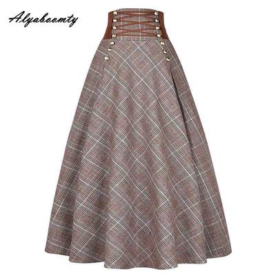 Jupe mi-longue en laine style anglais pour femme, taille haute, bandage, épaisse, chaude, à carreaux, ligne A, élégante, automne hiver