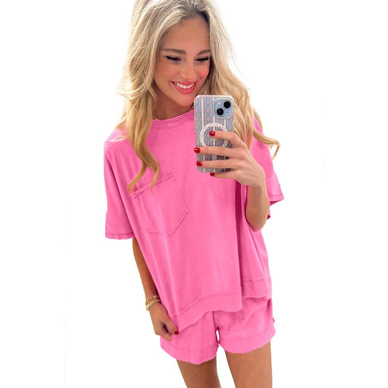 Women's Loose Two Piece Short Set Half Sleeve Pocket Tee Solid Casual Loungewear Matching Outfit