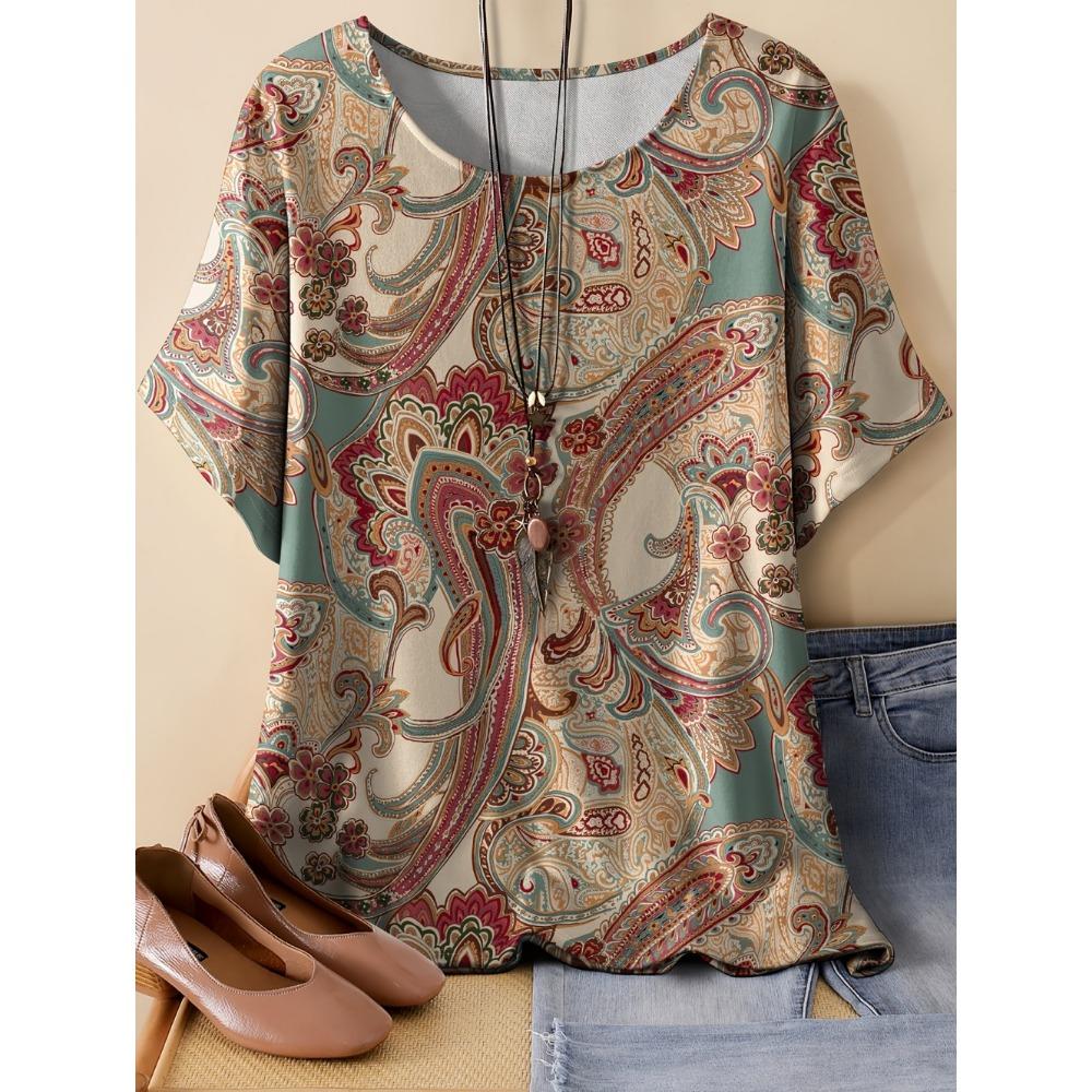 Vintage Paisley Graphics Women's Short Sleeve T-Shirt Ethnic Style O-Neck 3D Printed Top Tees Summer Loose Women's Clothing