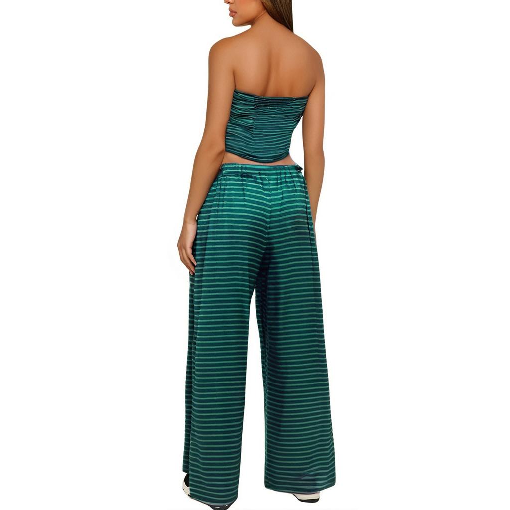 Damenmode Lässig Sommer Gestreiftes Schlauchtop Weites Gerades Hosen Set