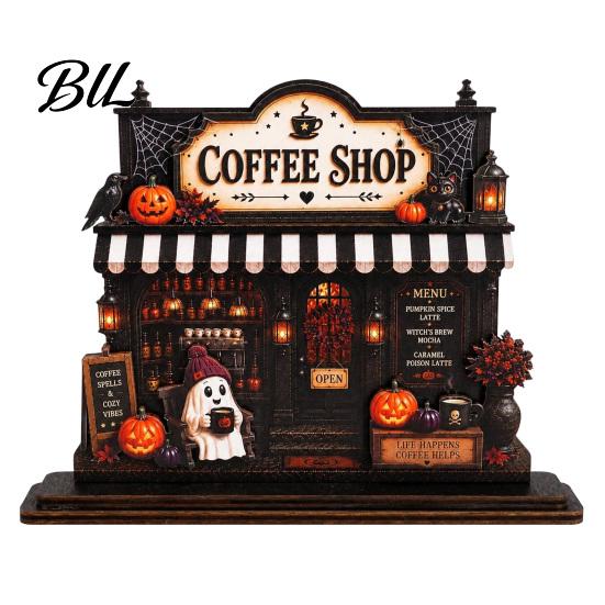 Decorative Wooden Coffee Signs Halloween Bar Sign, Fall Harvest Tabletop Decor Plaque with Pumpkin Farmhouse Kitchen Accents Ghost Cat, Retro