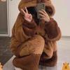 Women's Brown Bear Winter Pajama Set: Coral Fleece, Thick Flannel Nightgown & Bathrobe.