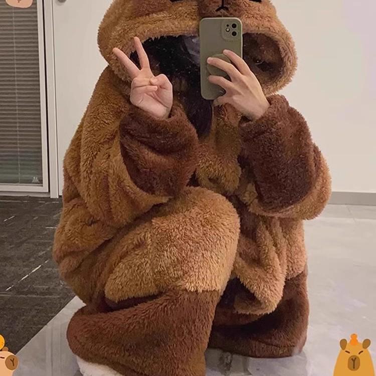 Women's Brown Bear Winter Pajama Set: Coral Fleece, Thick Flannel Nightgown & Bathrobe.