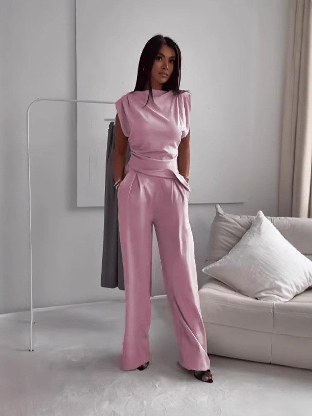 

Женский комплект без рукавов с высокой талией и широкими брюками, повседневный элегантный костюм-двойка в бежевом, коричневом, угольном цвете XXL розовый