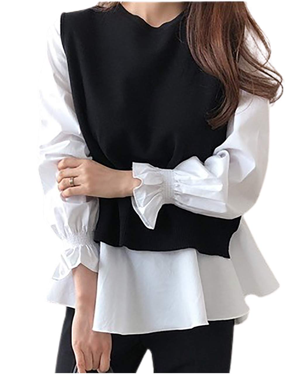 

Многослойная длинная рубашка M-Luce круглого размера, трикотажная, рукава, горловина, пуловер, контрастная, сексуальная, объемная, для прогулок, M, модная, студенческая, черная, чёрный