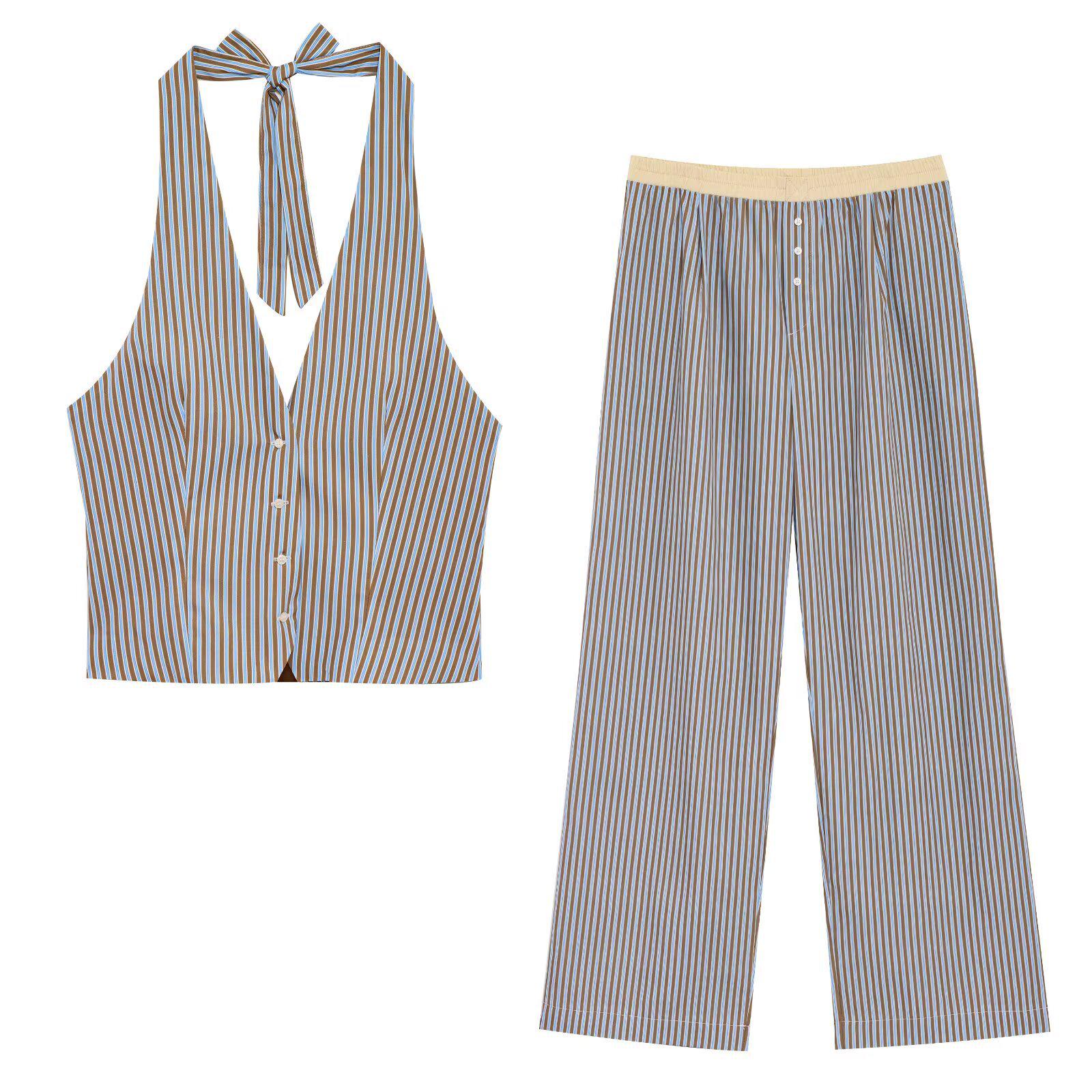 

ZA Women s Summer 2025 Retro Striped Halter Neck Vest and Straight Leg Pants Set XS