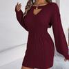 Autumn Winter Women's V-neck Sweater Dress Solid Color Hollow-out Lantern Sleeves Knitted Bodycon Dress