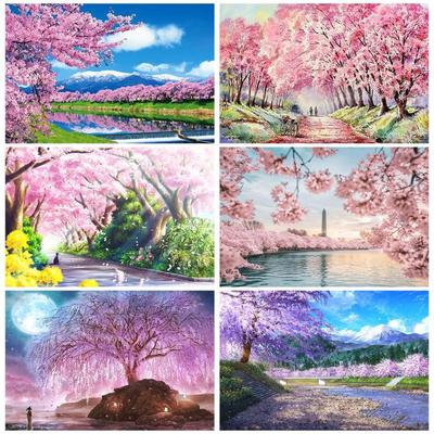 5D-Diamant-Malerei, Landschaft, Kreuzstich, DIY-Diamant-Stickerei, rosa Kirschblüten, komplettes rundes Mosaik-Set