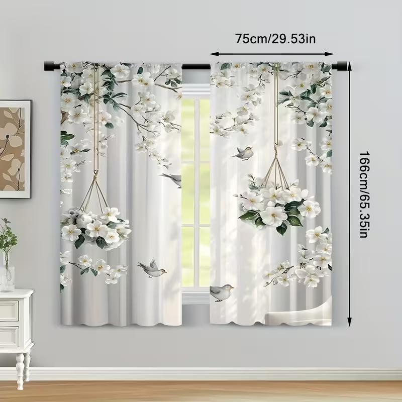 2PC White Floral Bird Hanging Basket Sheer Curtains - Serene Garden-Themed Print Window Drapes for Living Room Bedroom Decor