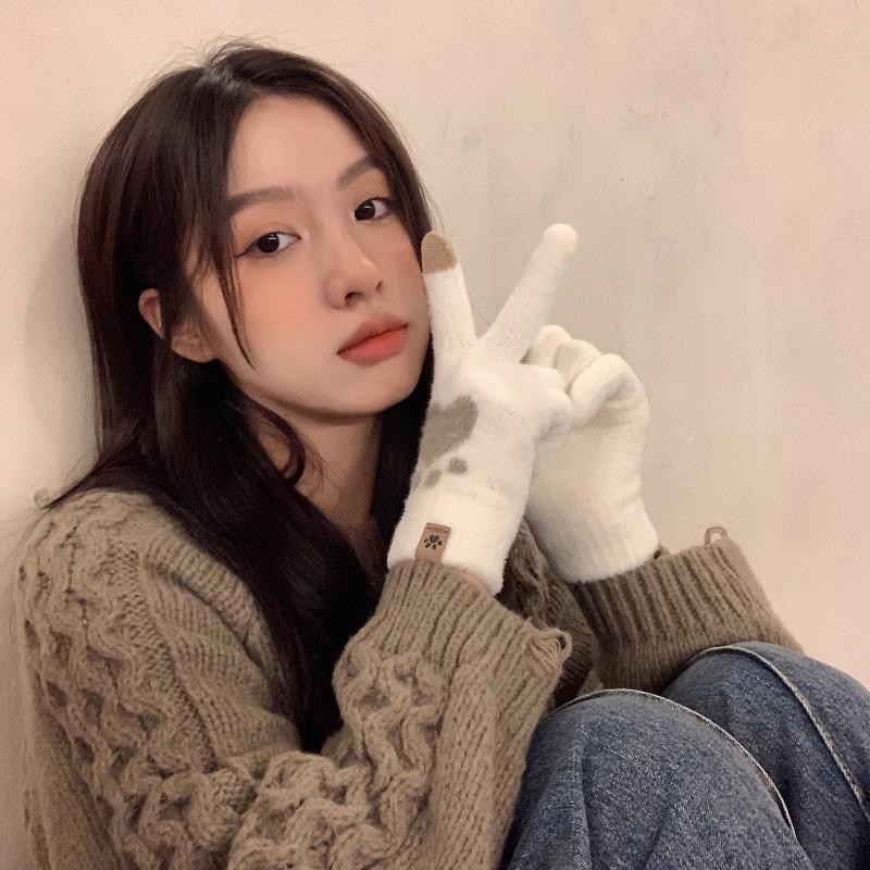 Xin Bangbang, thickened fluffy gloves, winter student hand warmer, antifreeze, hand guard, finger-divided knitted gloves for women