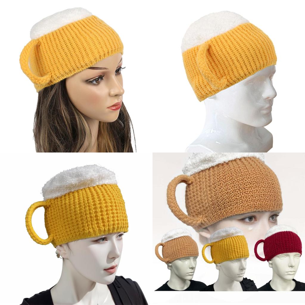 Trendy 3d Beer Cup Knitted Beanie Hat For Winter Warmth In Yellow Wine Red And Khaki