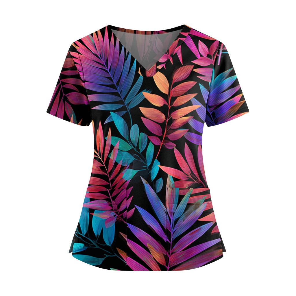 Women's Hawaiian Print V-Neck Double Pocket Short Sleeve Uniform/ Top