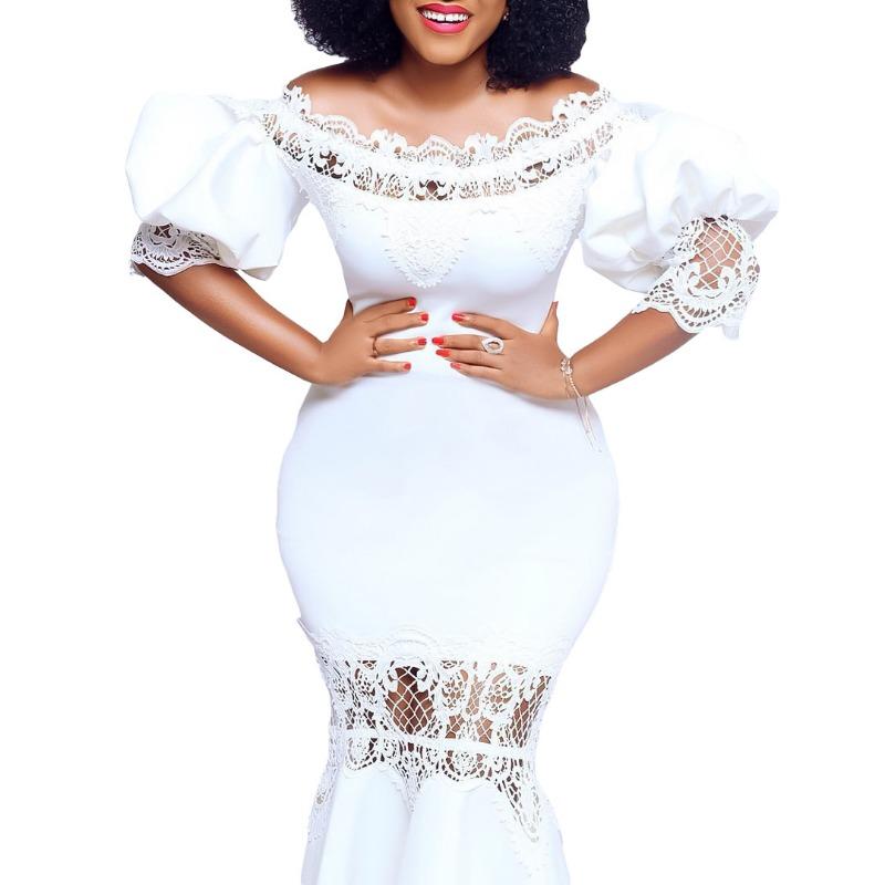 Women's One-word Collar Bubble Sleeve Lace Stitching Banquet Fishtail Dress Dress Long Dress Dress