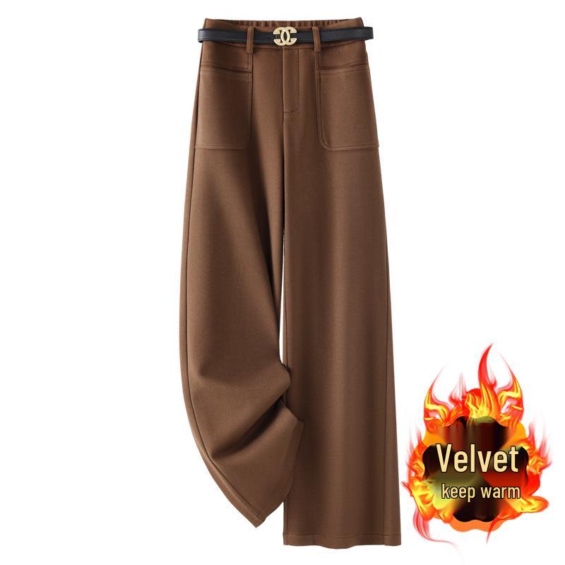 

Women s Brown Wool Fleece-Lined Wide-Leg Pants - Slimming Autumn/Winter 2024 Style S