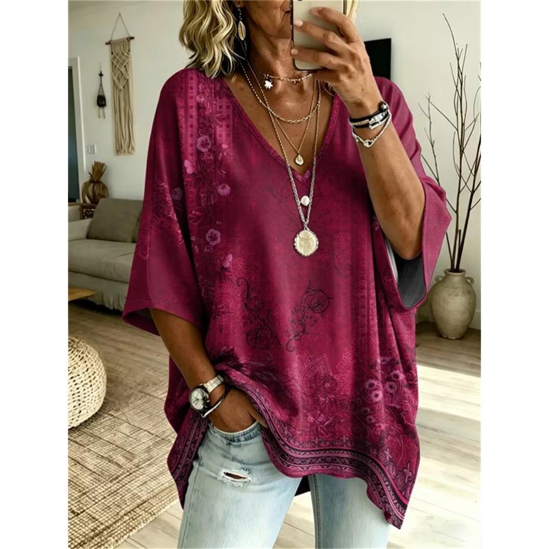 T-shirt da Donna Taglie Forti con Scollo a V e Maniche a Pipistrello Stampa Etnica Bohemien Top Largo Estivo Comodo Traspirante per il Pendolarismo Quotidiano Casual