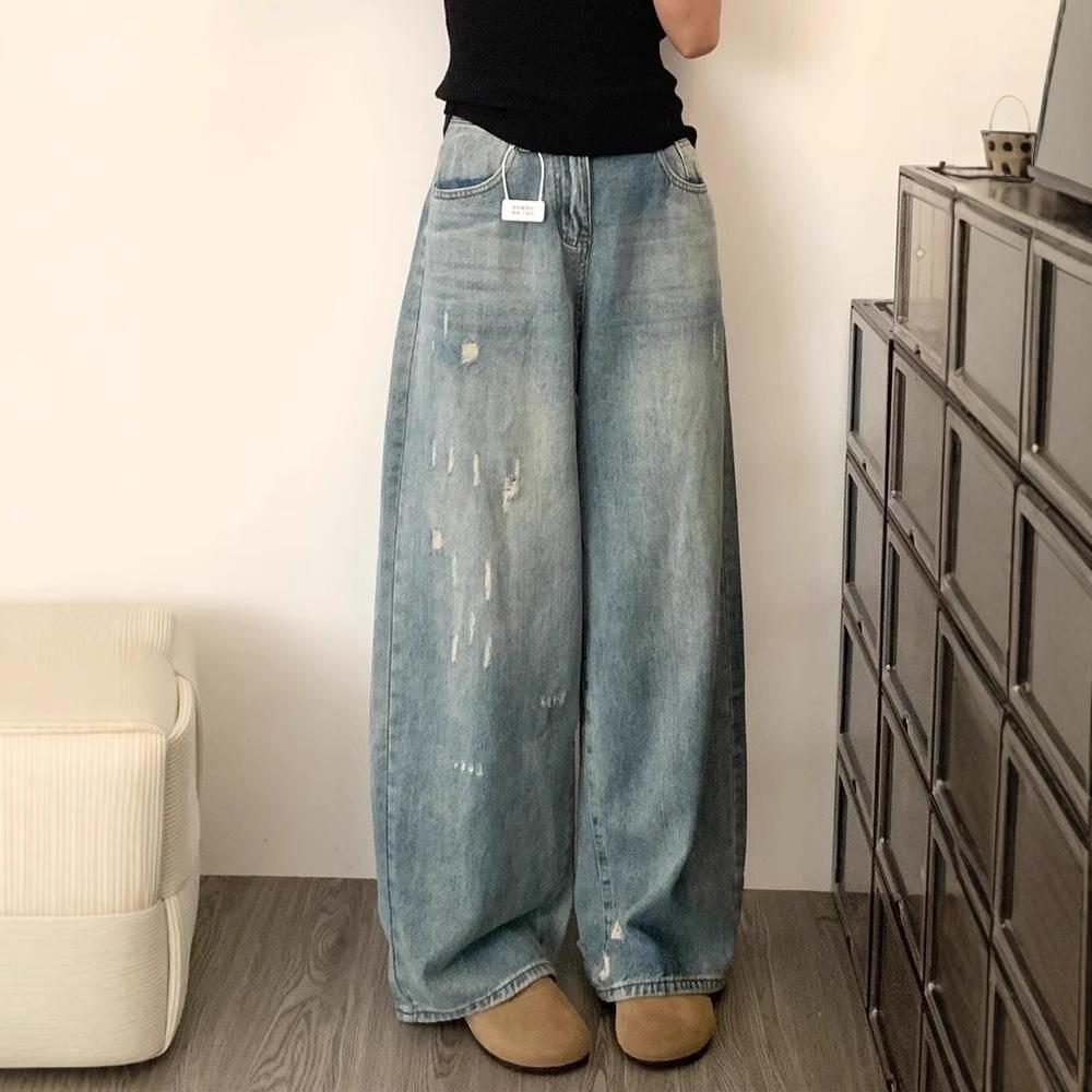 

Рваные джинсы для женщин на лето Свободные облегающие прямые брюки для женщин Дизайнерская ниша Широкие брюки 4XL синий