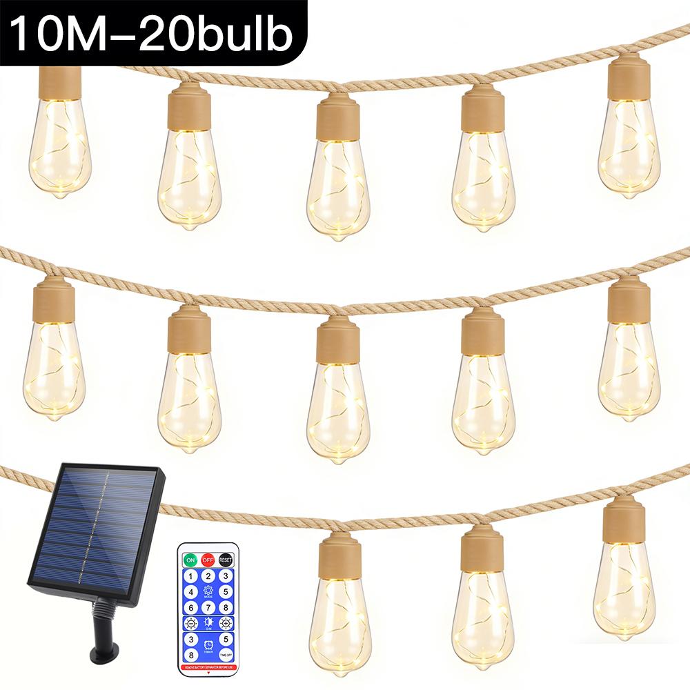 Outdoor Solar Hemp Rope Lights Waterproof String Lights Copper Wire Christmas Ball Bubble Lights for Courtyard Camping Holiday Decor