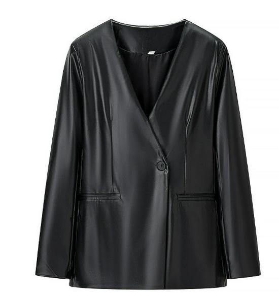 Retro Distressed V-neck Leather Jacket for Women - European & American Fashion XS чёрный