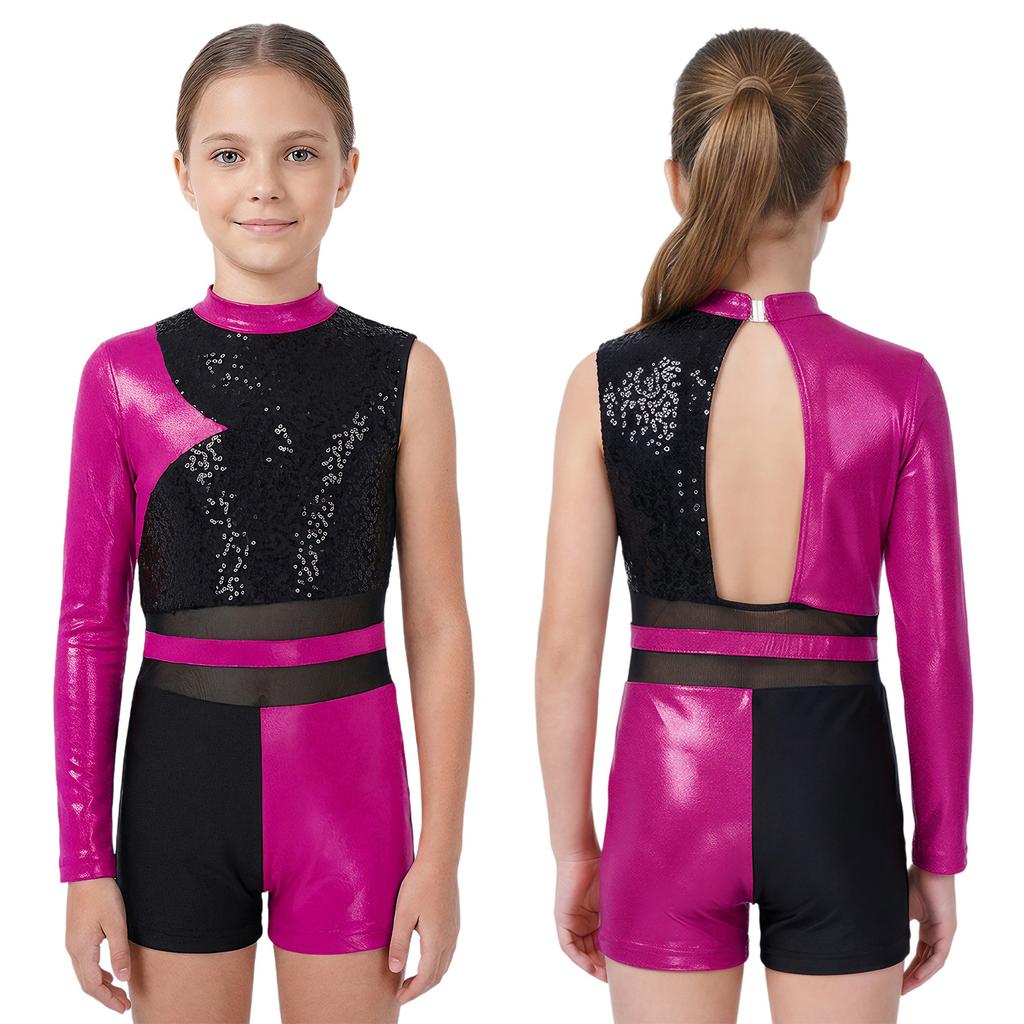 Kids Girls Metallic Jumpsuit for Ballet Dancing Gymnastics Leotards Ballet Mesh Bodysuit Stage Performance Dancewear Costume