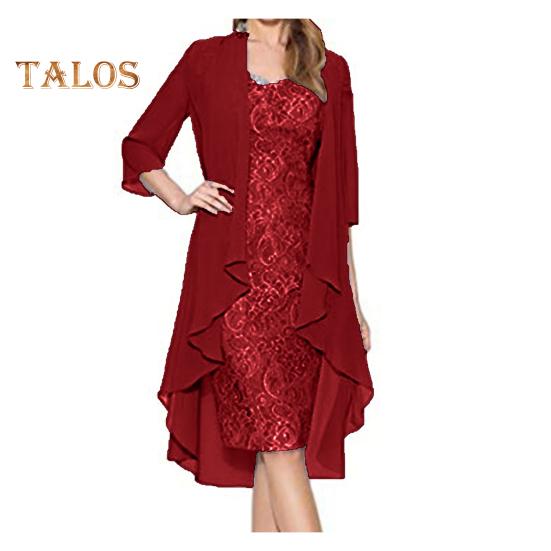 2 Teile/satz Damen Strickjacke Kleid Set Spitze Blumenstickerei O Hals Slim Fit Midikleid Dünn Unregelmäßig Dreiviertel Ärmel Mittellang Mantel Formal