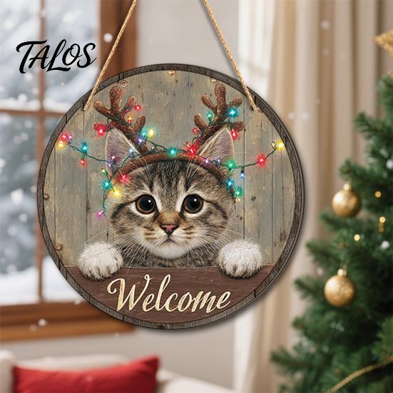 Rustic Farmhouse Ornament Wooden Christmas Welcome Sign, Animal Round Hanging Door Decor, Festive Wall Sign for Window Garden Holiday Decor