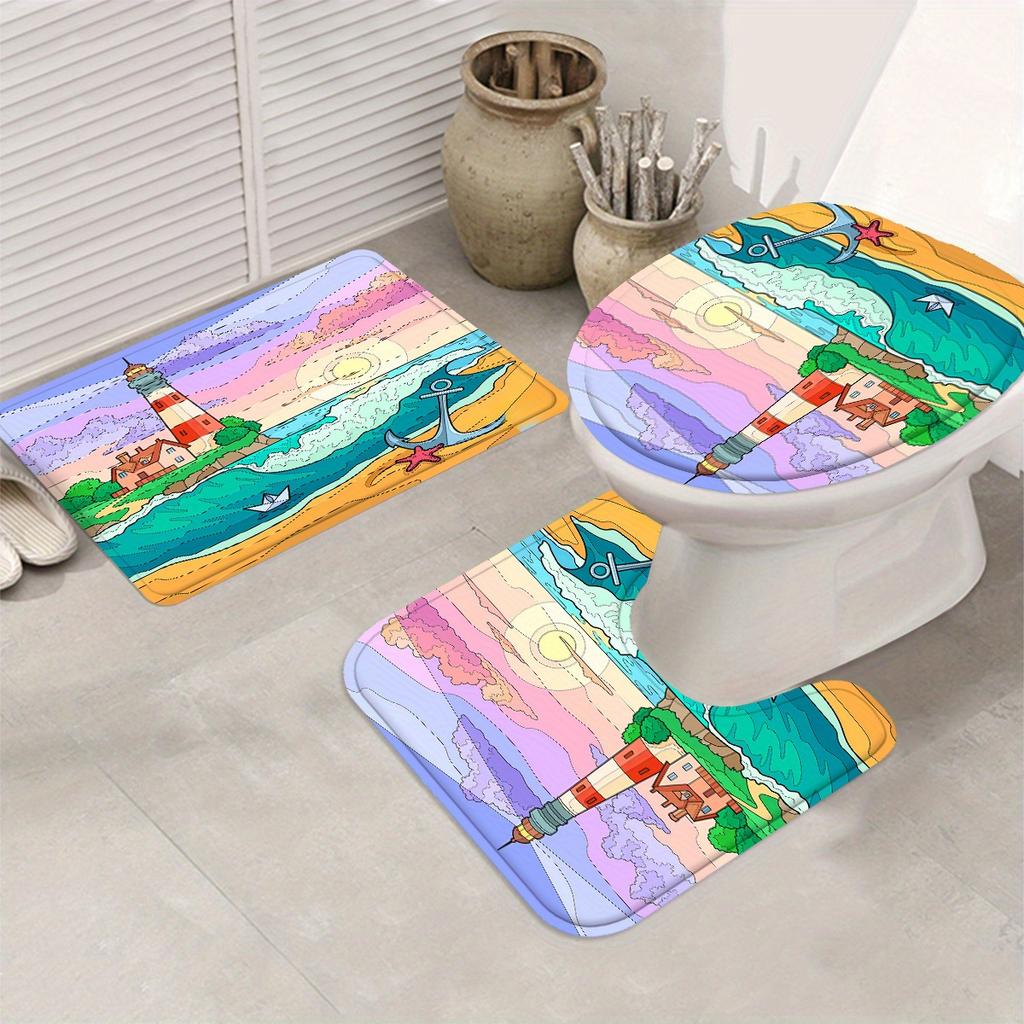 Coastal Lighthouse Bathroom Set With Shower Curtain And Rugs - Machine Washable, Includes 12 Hooks, Toilet Seat Cover, And Bath