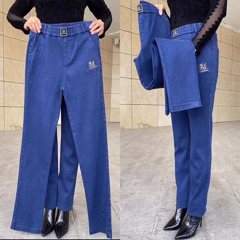 Spring Summer Denim Straight Pants Elastic Women's Pockets Spliced Embroidery High Waist Trousers