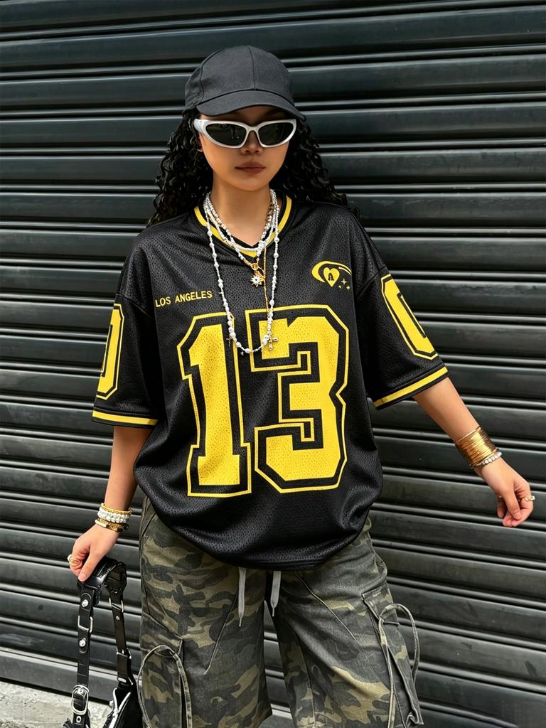 Women's & Men's Summer Digital Print V-Neck T-Shirt, Streetwear Everyday Mesh T-Shirt With Graphics Number Pattern, Black