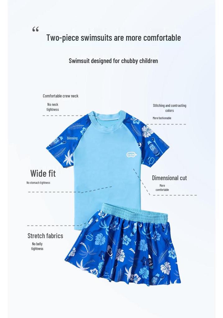 Girls' Plus Size Two-Piece Short-Sleeve Swimsuit - Extra Large, Quick-Drying Swimwear for Kids