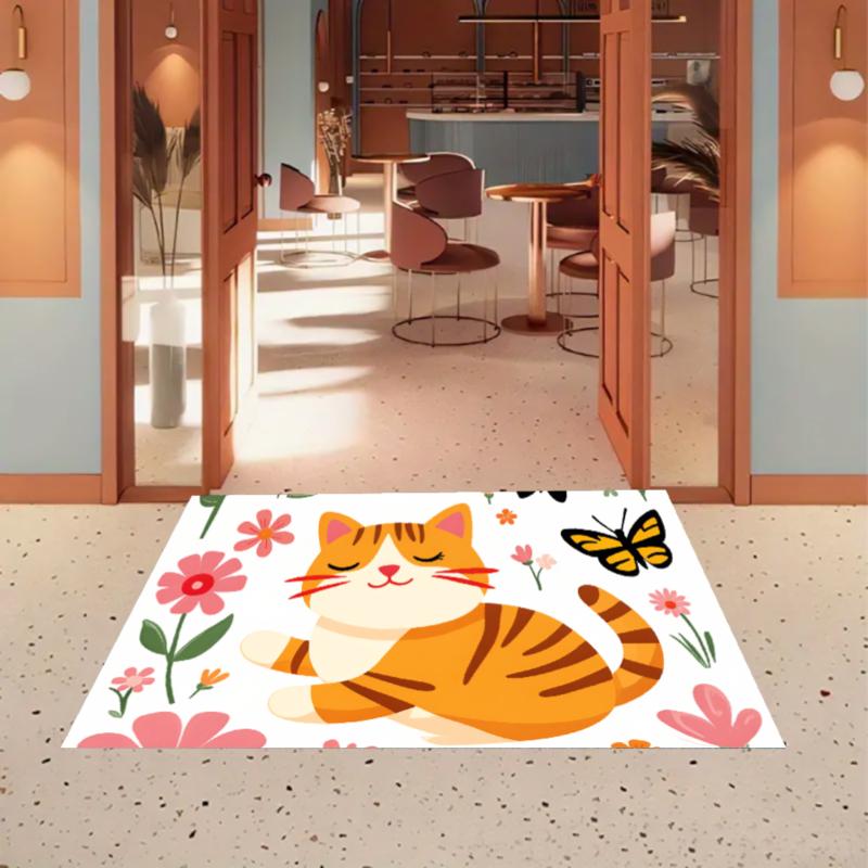 

Cute Orange Cat Rug Floral Butterfly Kids Room Rug Entryway Doormat Non Slip Soft Easy Clean Durable Kawaii Home Decor Carpet 40X60cm