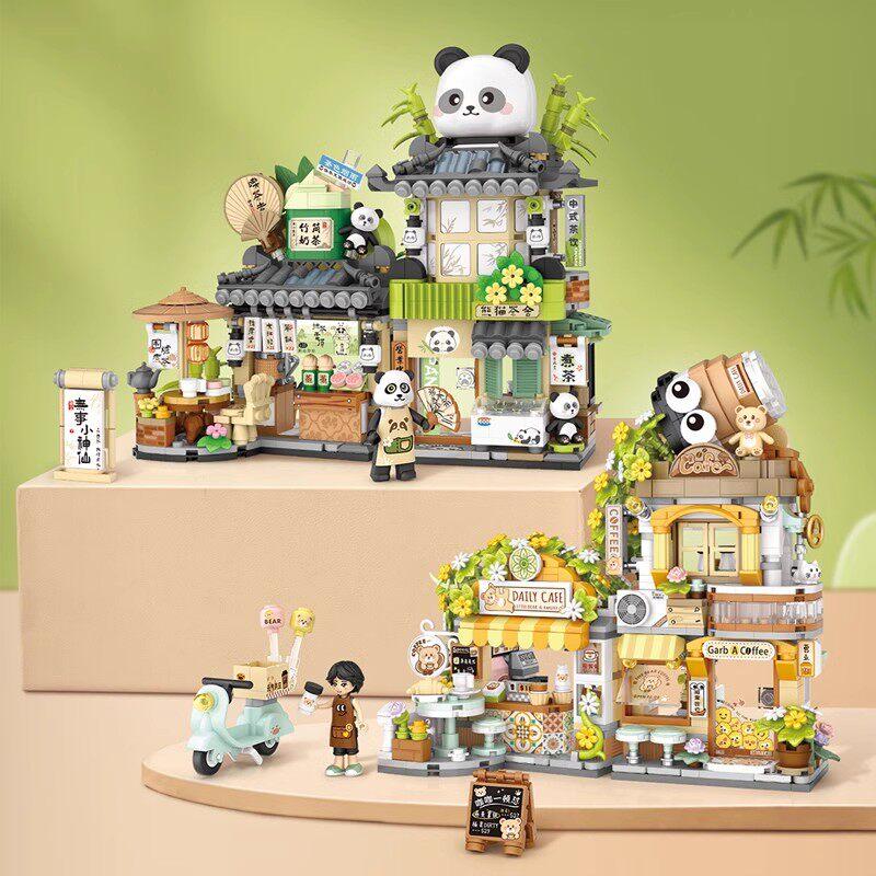 Loz Bear Coffee Foldable Chinese Style Street View Building Blocks Mini Assembly Bricks Set Diy Toy For Girls Birthday Gift
