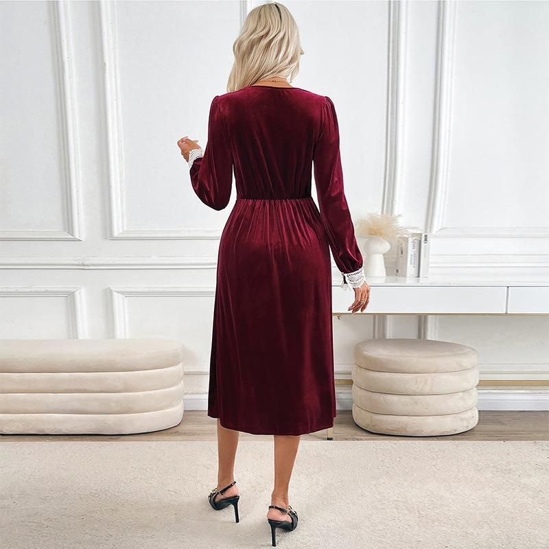 Autumn New Christmas Vintage Party Lace V-Neck Velvet Dress