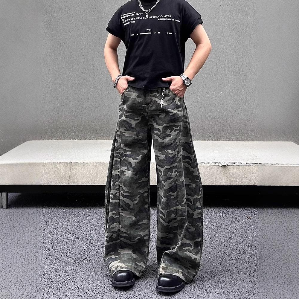 American Retro Camouflage Washed Scimitar Jeans Men's and Women's New Loose Straight Trousers Wide-leg Casual Overalls