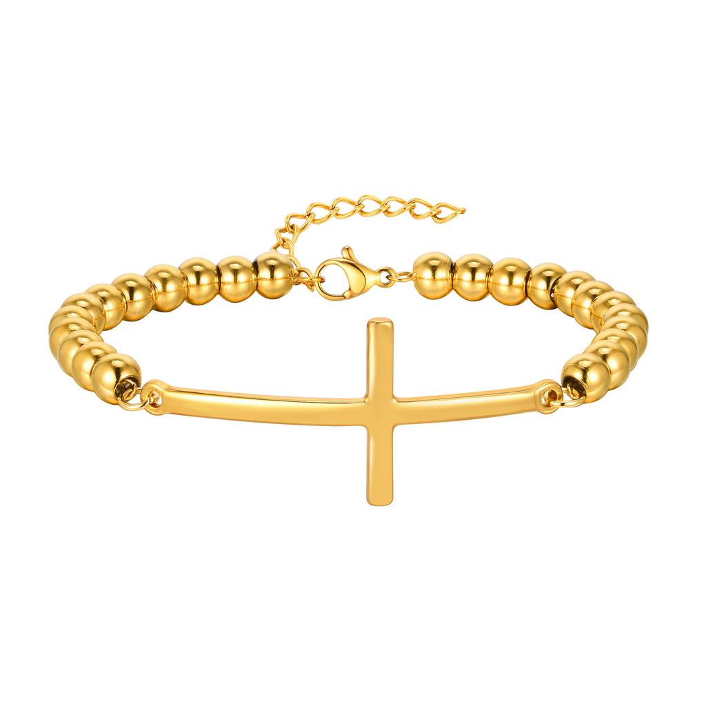 Vnox Simple Big Cross Bracelets with Glossy Stainless Steel Beads Bracelets, Adjustable Beaded Chain Men Religious Faith Jewlery