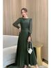 Women Slim Pleated Maxi Dress with Belt Female Streetwear Vintage Dress Tie Front Dress  Robe