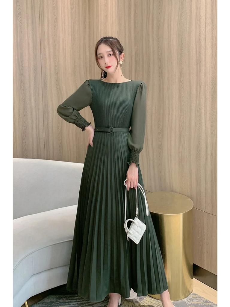 Women Slim Pleated Maxi Dress with Belt Female Streetwear Vintage Dress Tie Front Dress  Robe