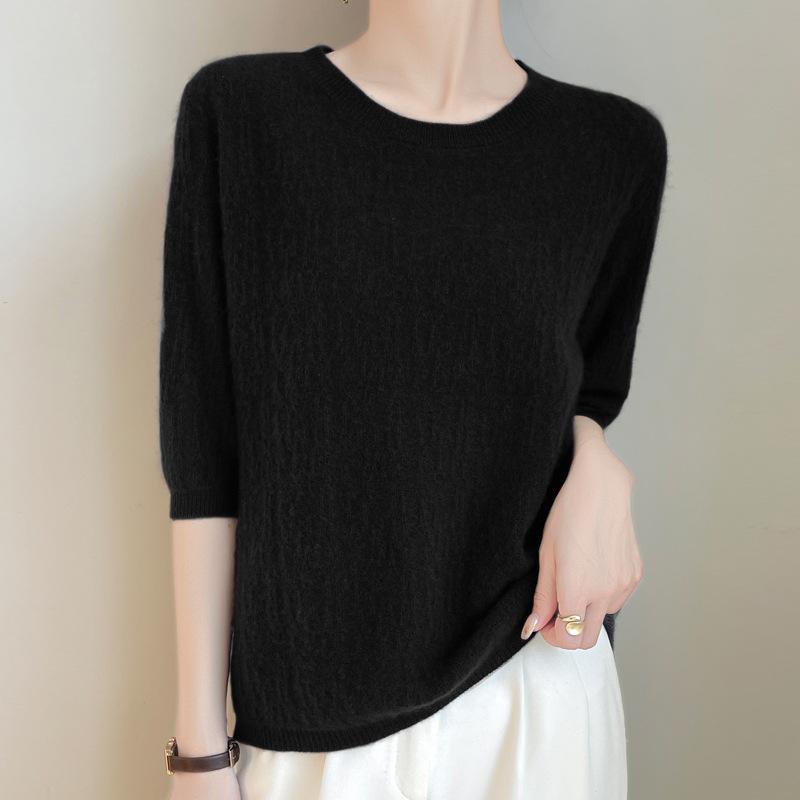 Spring New Knitted Sweater Women's Short-sleeved Crew Neck Pullover Carved Thin Five-quarter-sleeved Top Large-size Bottoming Shirt
